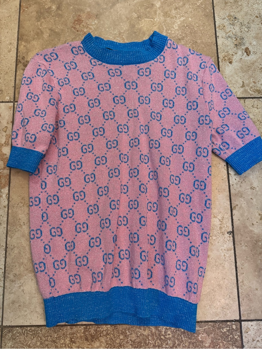 Gucci Pink and Blue GG Logo Crewneck Sweater - Picture 1 of 4
